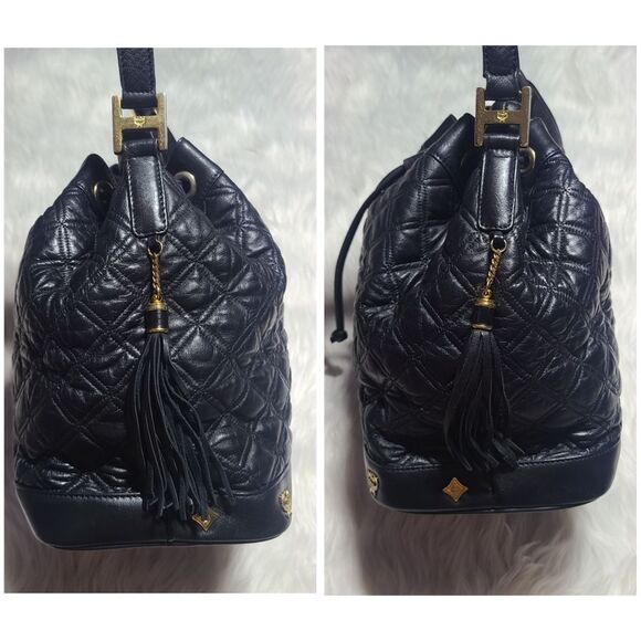 MCM|Vintage Black Leather Quilted Drawstring Bucket Bag - Picture 5 of 13
